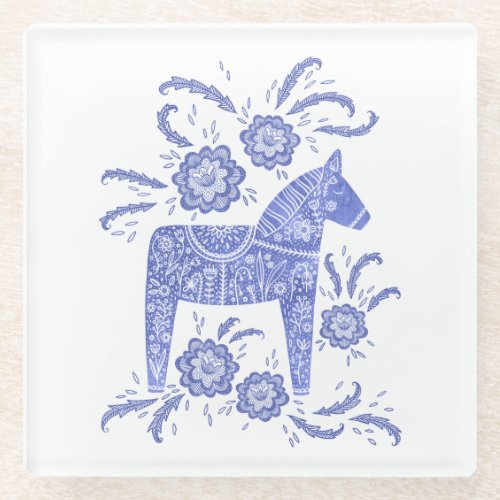 Swedish Dala Horse Blue and White Glass Coaster