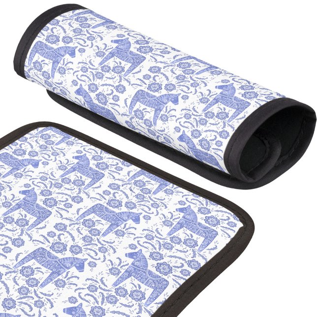 Swedish Dala Horse Blue and White Luggage Handle Wrap (Blue and white Swedish Dala Horse pattern art luggage handle wrap)