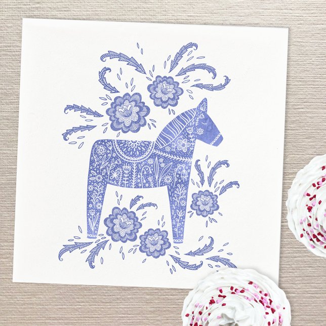 Swedish Dala Horse Blue and White Napkins (Swedish Dala Horse art paper napkin blue and white)
