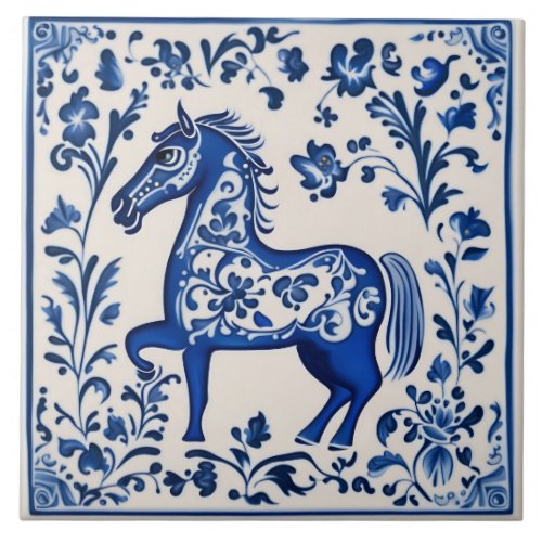 Swedish Dala horse Blue and White nouveau ceramic  Ceramic Tile