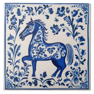 Swedish Dala horse Blue and White nouveau ceramic  Tile
