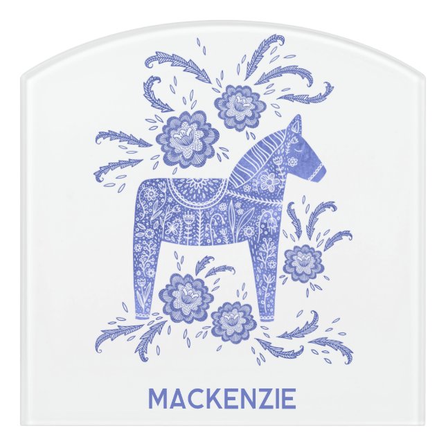 Swedish Dala Horse Blue and White Personalized Door Sign (Contour Front)