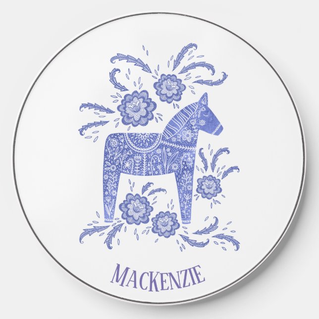 Swedish Dala Horse Blue and White Personalized Wireless Charger (Front)