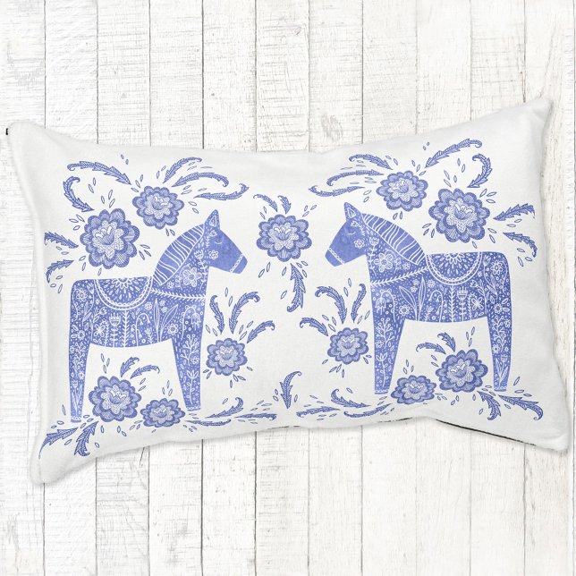 Swedish Dala Horse Blue and White Pet Bed (Swedish Dala Horse folk art blue and white pet bed)