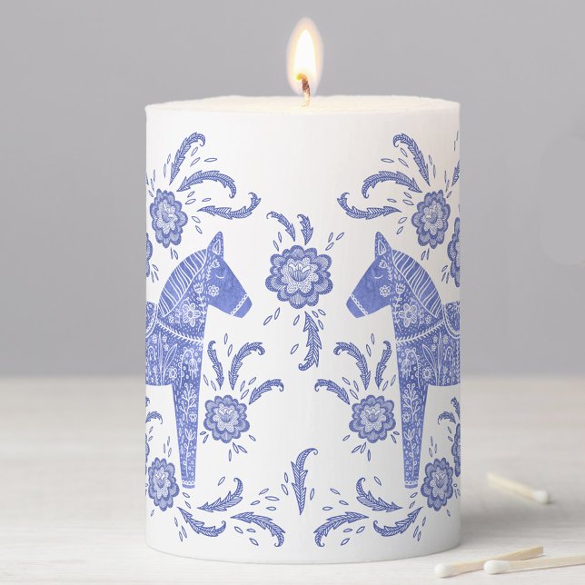 Swedish Dala Horse Blue and White Pillar Candle (Blue and white Swedish Dala Horse folk art pattern pillar candle)