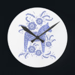 Swedish Dala Horse Blue and White Round Clock<br><div class="desc">A traditional Swedish Dala Horse design in periwinkle blue and white.</div>