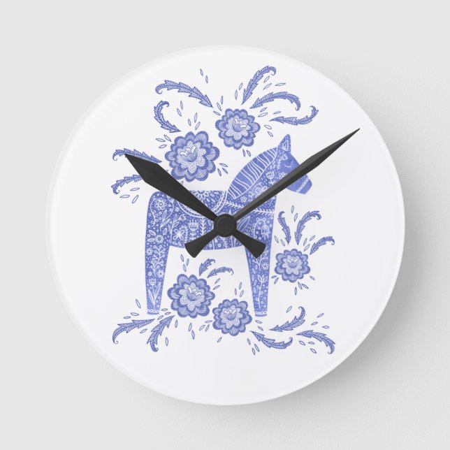 Swedish Dala Horse Blue and White Round Clock (Front)