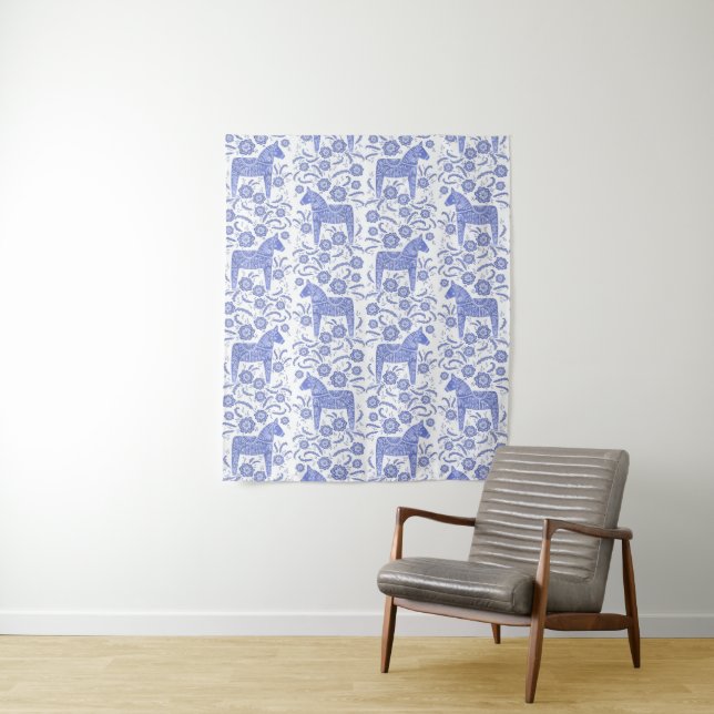 Swedish Dala Horse Blue and White Tapestry (In Situ)
