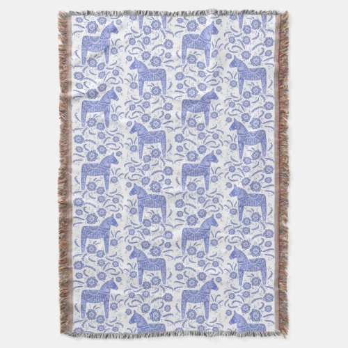 Swedish Dala Horse Blue and White Throw Blanket