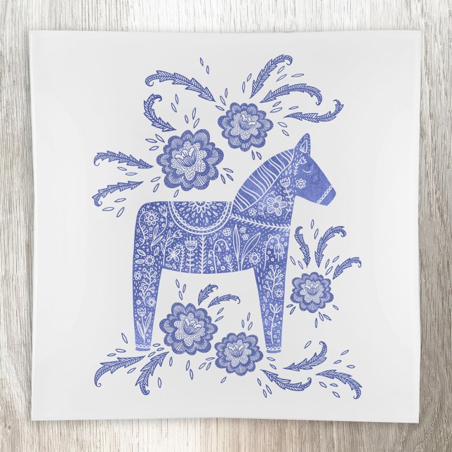 Swedish Dala Horse Blue and White Trinket Tray (Swedish Dala Horse blue and white folk art trinket tray)