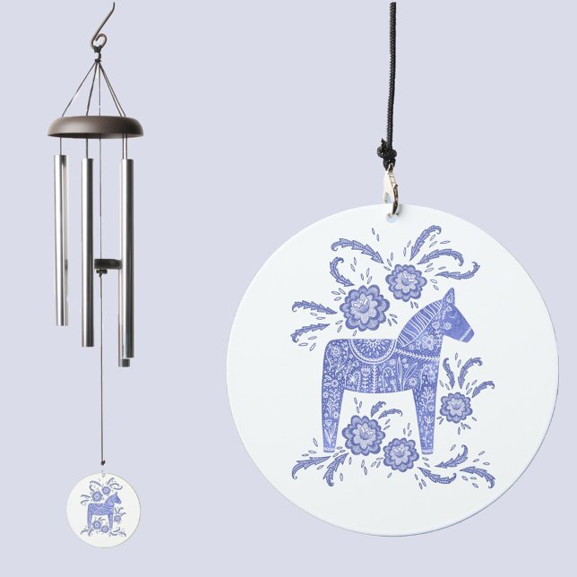 Swedish Dala Horse Blue and White Wind Chime (Swedish Dala Horse blue and white folk art wind chime)