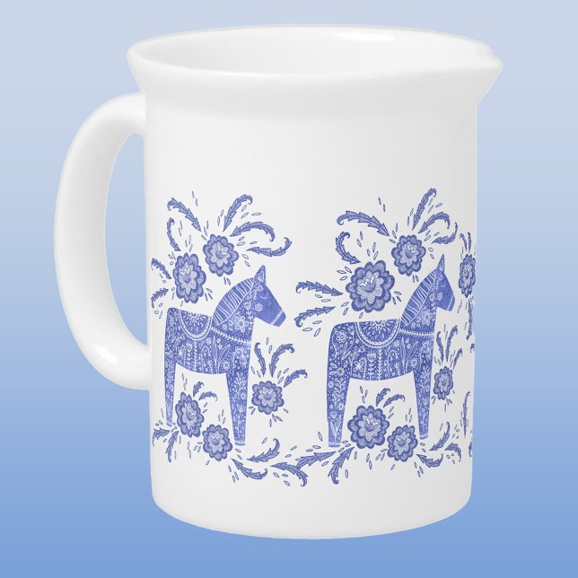 Swedish Dala Horse Blue Beverage Pitcher (Swedish Dala Horse folk art blue and white pitcher)