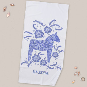 Swedish Dala Horse Blue Custom Name Beach Towel