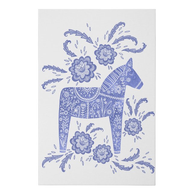 Swedish Dala Horse Blue Folk Art Faux Canvas Print (Front)