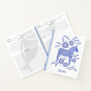 Swedish Dala Horse Blue Folk Art Recipe Notebook