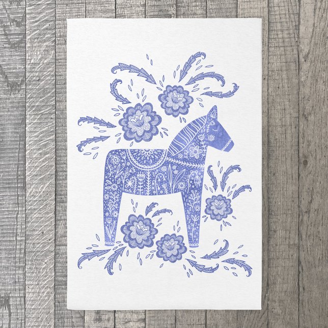 Swedish Dala Horse Blue Folk Art Rug (Blue and white Swedish Dala Horse indoor or outdoor rug)