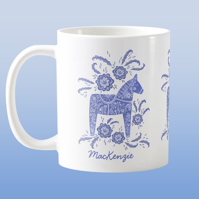 Swedish Dala Horse Blue Personalized Coffee Mug (Swedish Dala horse blue and white personalized custom name coffee mug)