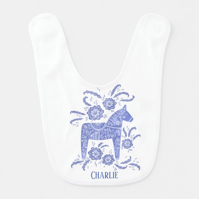 Swedish Dala Horse Blue Traditional Custom Name Baby Bib (Front)