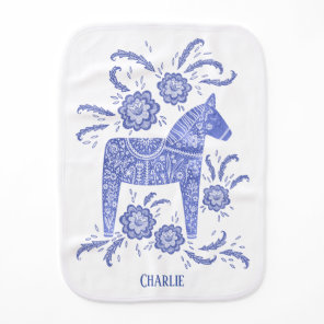 Swedish Dala Horse Blue Traditional Custom Name Baby Burp Cloth