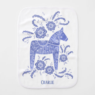 Swedish Dala Horse Blue Traditional Custom Name Baby Burp Cloth
