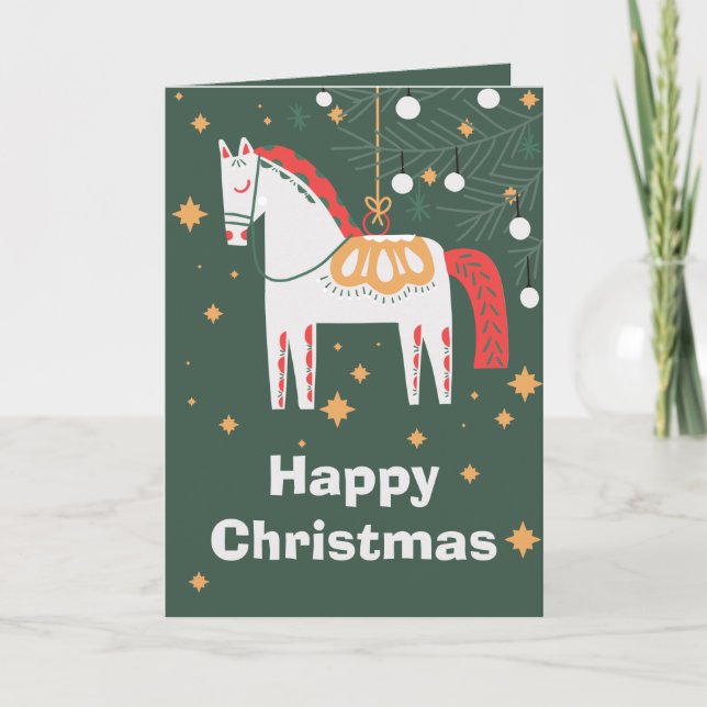 Swedish Dala Horse Christmas, white Holiday Card (Front)