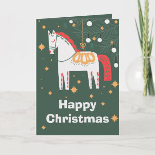 Swedish Dala Horse Christmas, white Holiday Card