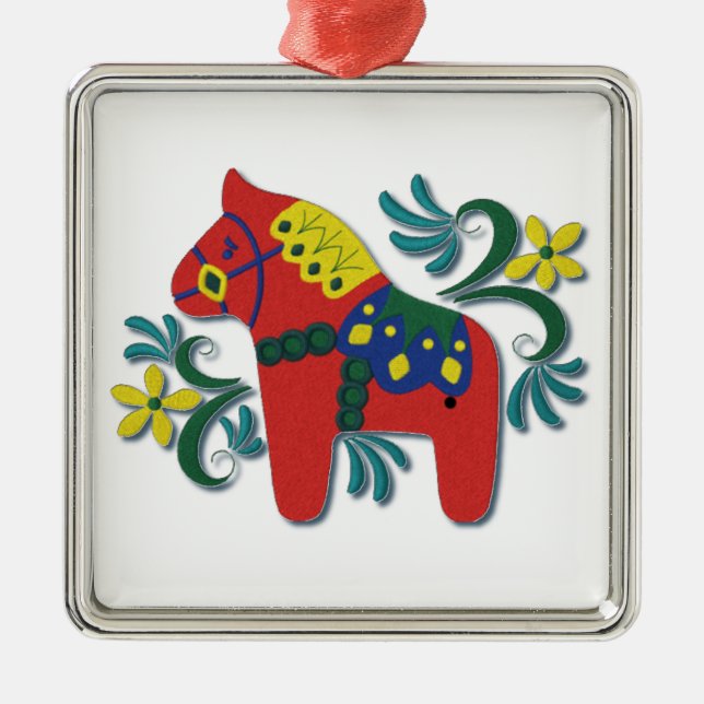 Swedish Dala Horse Colorful Whimsical Metal Ornament (Front)
