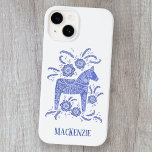 Swedish Dala Horse Custom Name Blue Case-Mate iPhone 14 Case<br><div class="desc">A traditional Swedish Dala Horse design in periwinkle blue and white.
Change or remove the text to customize. Original art by Nic Squirrell.</div>