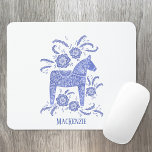 Swedish Dala Horse Custom Name Blue Mouse Pad<br><div class="desc">A traditional Dala Horse from Sweden in indigo blue and white.
Scandinavian folk art painting in Watercolor.
Remove or change the name to customize.</div>