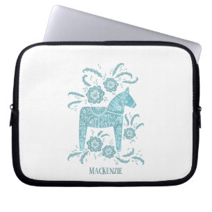 Swedish Dala Horse Custom Name Teal Laptop Sleeve