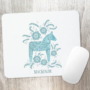 Swedish Dala Horse Custom Name Teal Mouse Pad