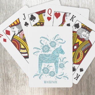 Swedish Dala Horse Custom Name Teal Playing Cards