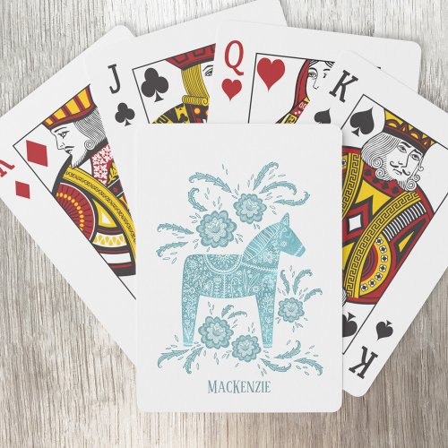 Swedish Dala Horse Custom Name Teal Poker Cards