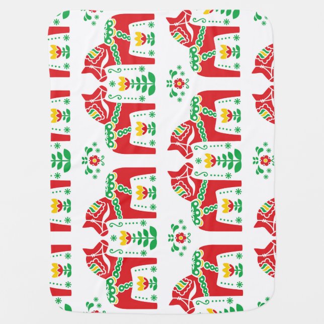 Swedish Dala Horse: Folk Art Baby Blanket (Front)