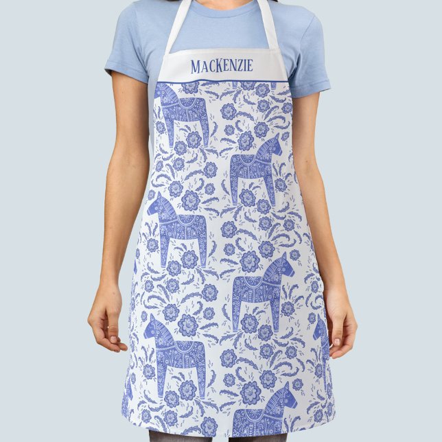 Swedish Dala Horse Folk Art Blue Custom Name Apron (Creator Uploaded)
