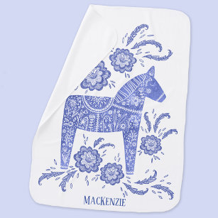 Swedish Dala Horse Folk Art Blue Custom Name Baby Blanket