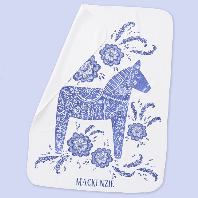 Swedish Dala Horse Folk Art Blue Custom Name Baby Blanket (Creator Uploaded)
