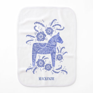 Swedish Dala Horse Folk Art Blue Custom Name Baby Burp Cloth