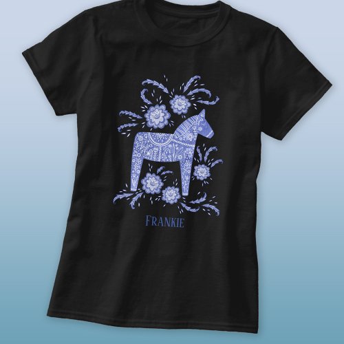 Swedish Dala Horse Folk Art Blue Custom Name T_Shirt