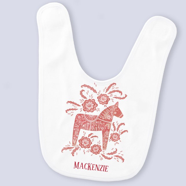 Swedish Dala Horse Folk Art Custom Name Baby Bib (Personalized baby name Swedish Dala horse red and white baby bib)