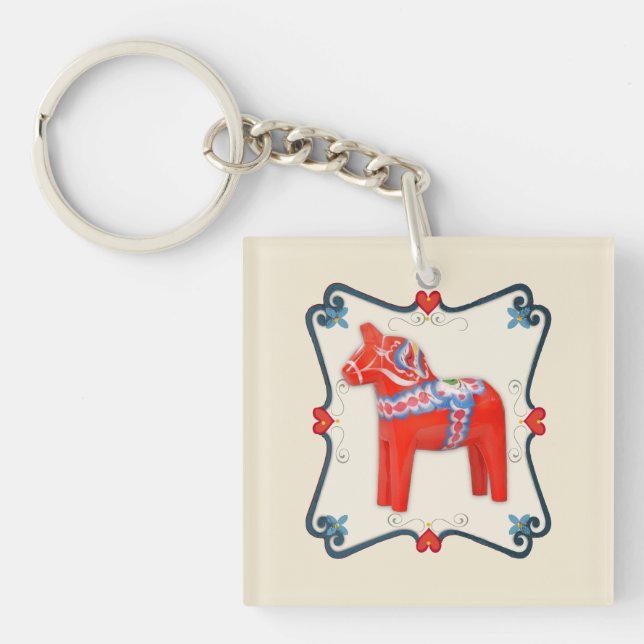 Swedish Dala Horse Folk Art Framed Keychain (Front)