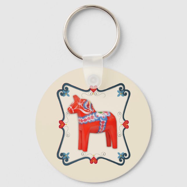 Swedish Dala Horse Folk Art Framed Keychain (Front)