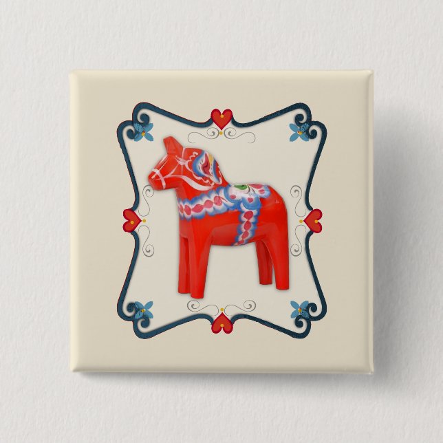 Swedish Dala Horse Folk Art Framed Pinback Button (Front)