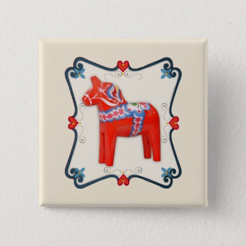 Swedish Dala Horse Folk Art Framed Pinback Button