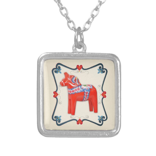 Swedish Dala Horse Folk Art Framed Silver Plated Necklace (Front)