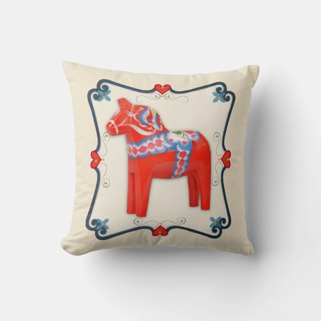 Swedish Dala Horse Folk Art Framed Throw Pillow (Front)