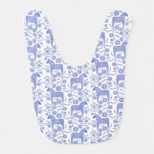 Swedish Dala Horse Folk Art Pattern Blue Baby Bib