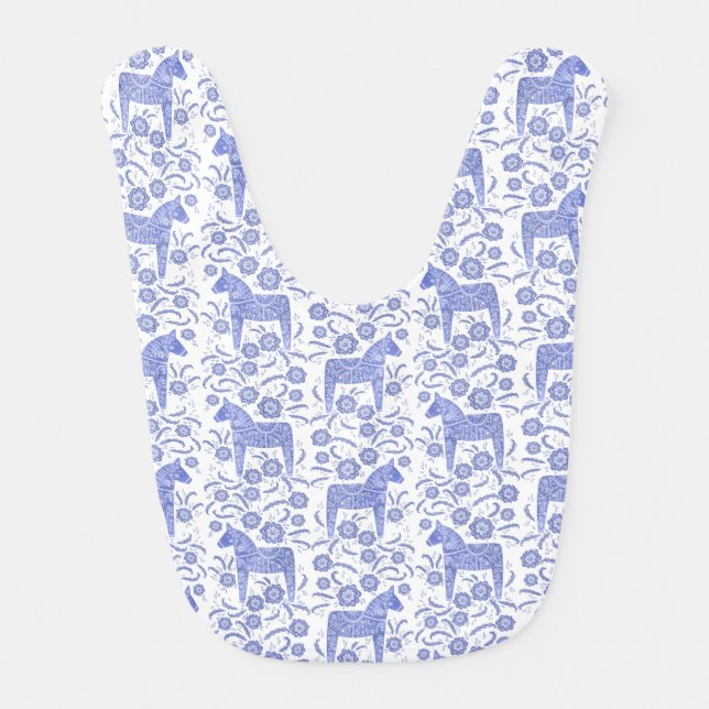 Swedish Dala Horse Folk Art Pattern Blue Baby Bib (Front)