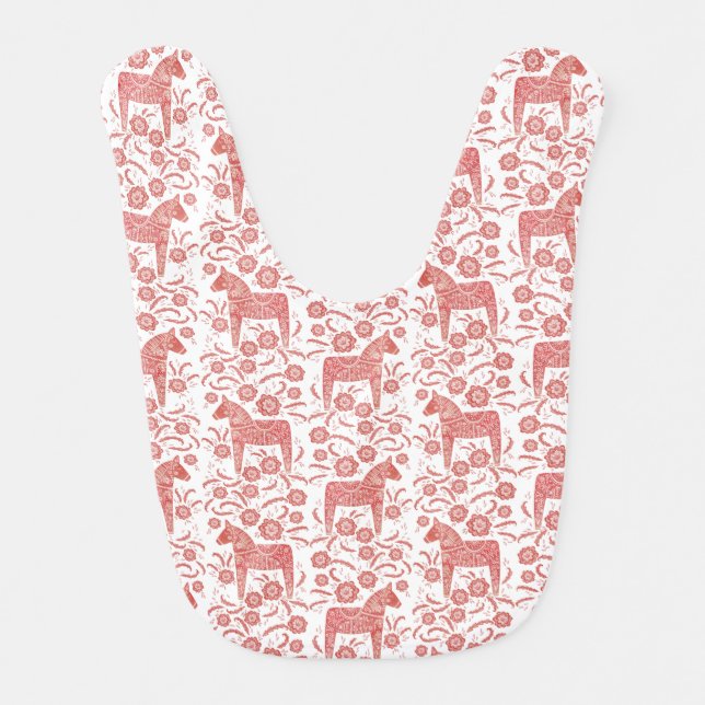 Swedish Dala Horse Folk Art Pattern Red and White Baby Bib (Front)