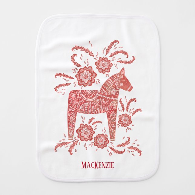Swedish Dala Horse Folk Art Personalized Baby Burp Cloth (Front)
